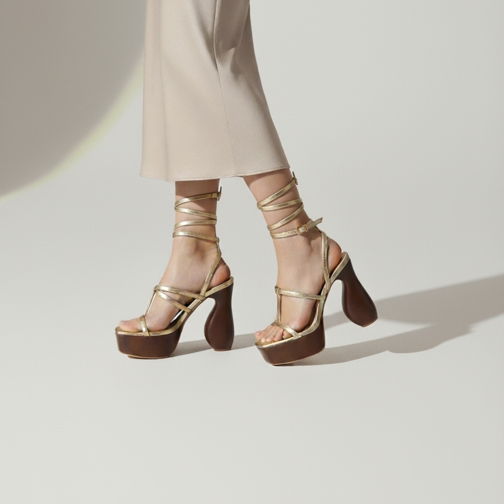 Elegant Fashion Nova Gold  Strappy Platform Heels Size 6